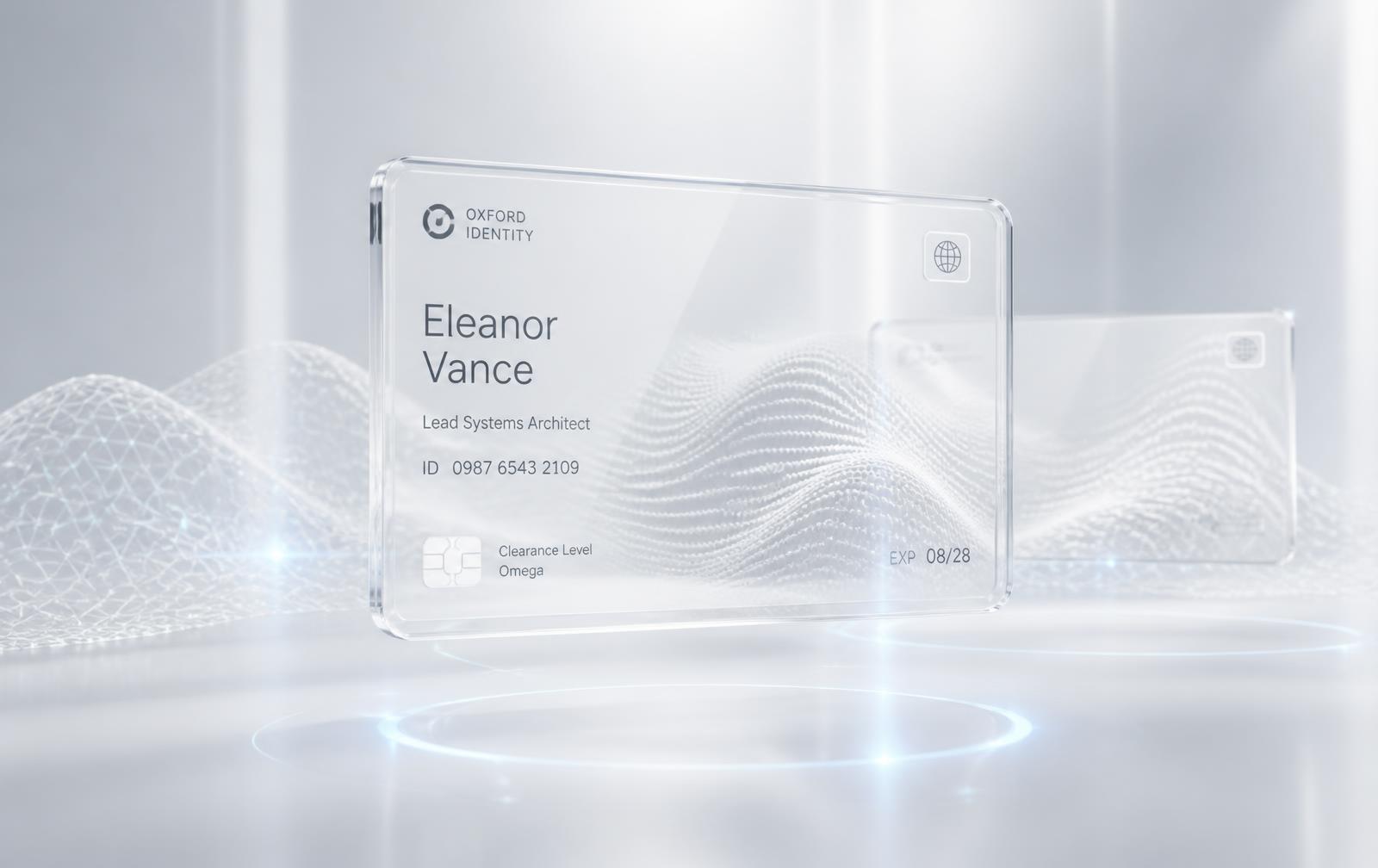 Translucent verified identity cards floating over a light silver mesh